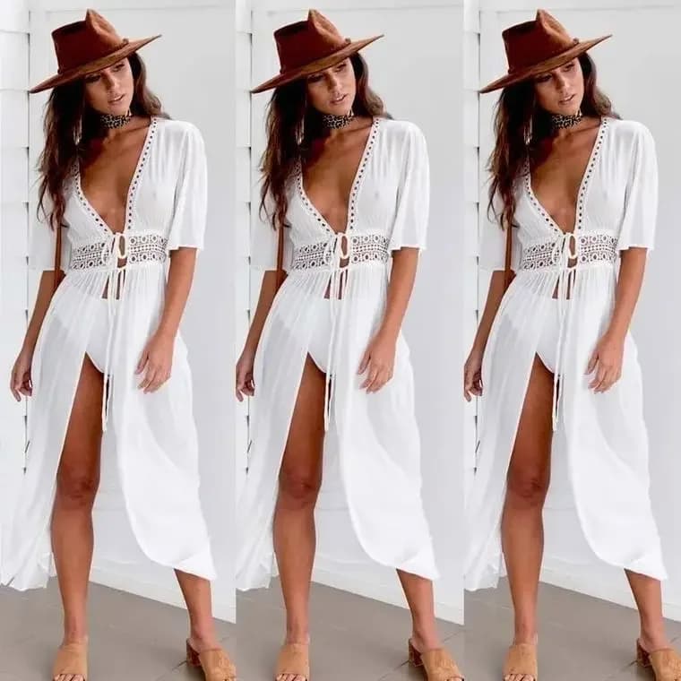 Bikini Cover Up Beach Abito lungo lungo da donna Beach Cover Up Tunica Pareo Abito bianco con scollo a V Abito da bagno Costume da bagno Beachwear