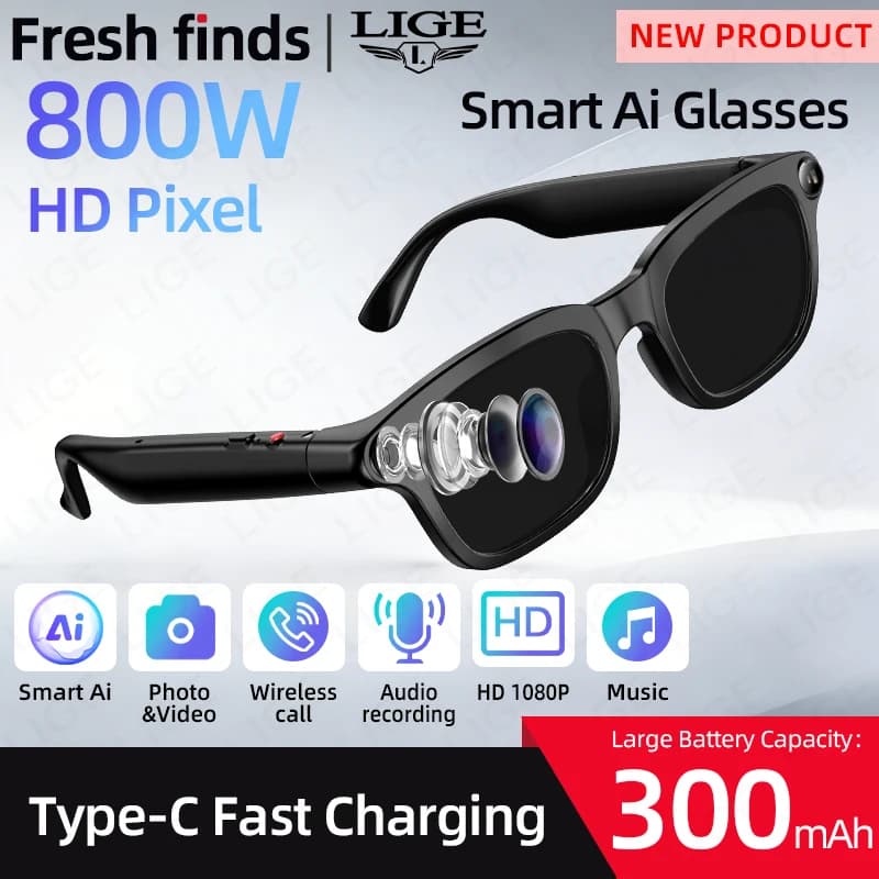 Occhiali Smart LIGE con Fotocamera da 8 Milioni di Pixel, Video 1080P, Traduzione, Chiamate BT, Musica, AI Vocale, Lenti Fotocromatiche