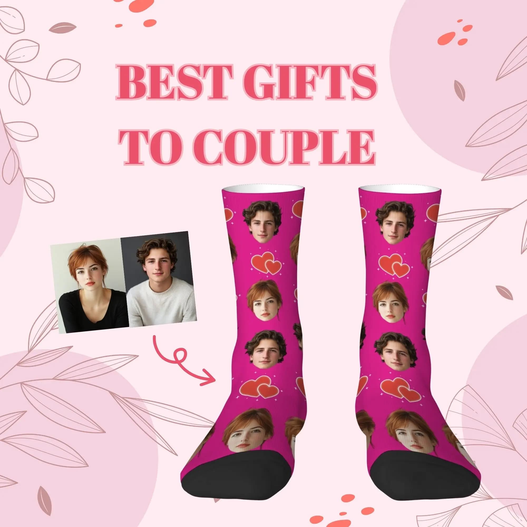 Sweet Love-themed Custom Couple Socks Personalized Star Red Heart Prints Portrait Photo Socks Memorable Gift for Loved One