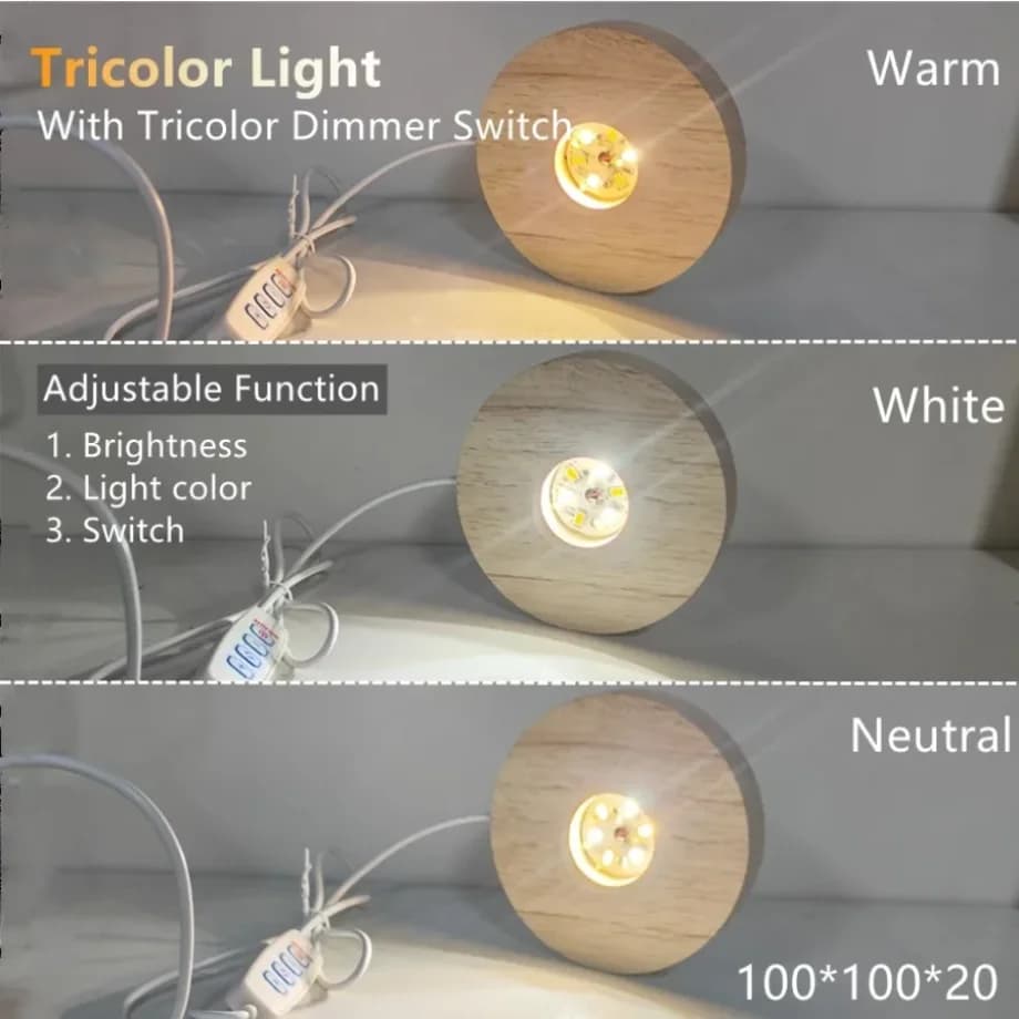 Luci Decorative da Tavolo in Legno 100/80/60mm con Telecomando, Base Luminosa con Interruttore, Luce Notturna LED USB, Supporto per Ornamenti