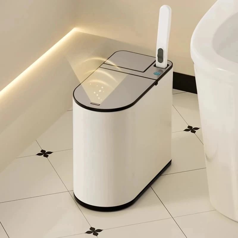 Cestino per rifiuti intelligente a induzione con spazzola per WC integrata, automatico, in acciaio inossidabile, con fessura stretta