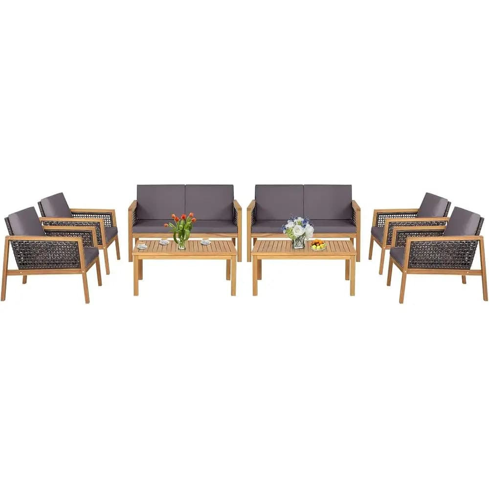 Set di Mobili da Esterno in Vimini a 8 Pezzi con Divano in Legno di Acacia, Tavolino e Cuscini, Adatto per Giardino, Veranda, Bistrot