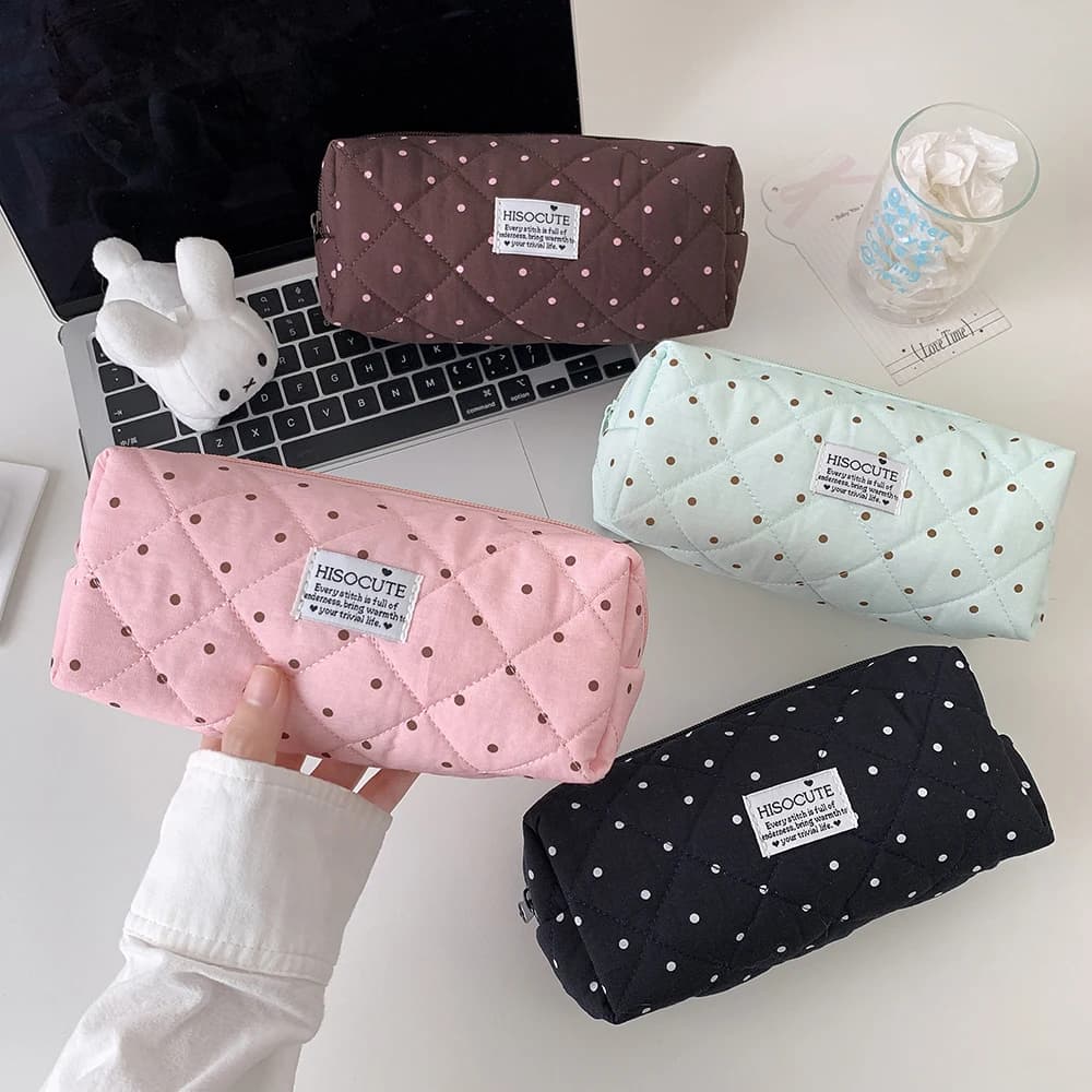 1pc Fashion Solid Color Polka Dot Pencil Case Student Back To School Stationery Cute Girl Large Capacity Storage Makeup Bag Gift