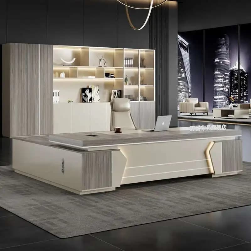 Scrivania da Ufficio a L Minimalista in Legno, Combinazione di Scrivanie di Alta Gamma, Mobili per Ufficio in Stile Europeo