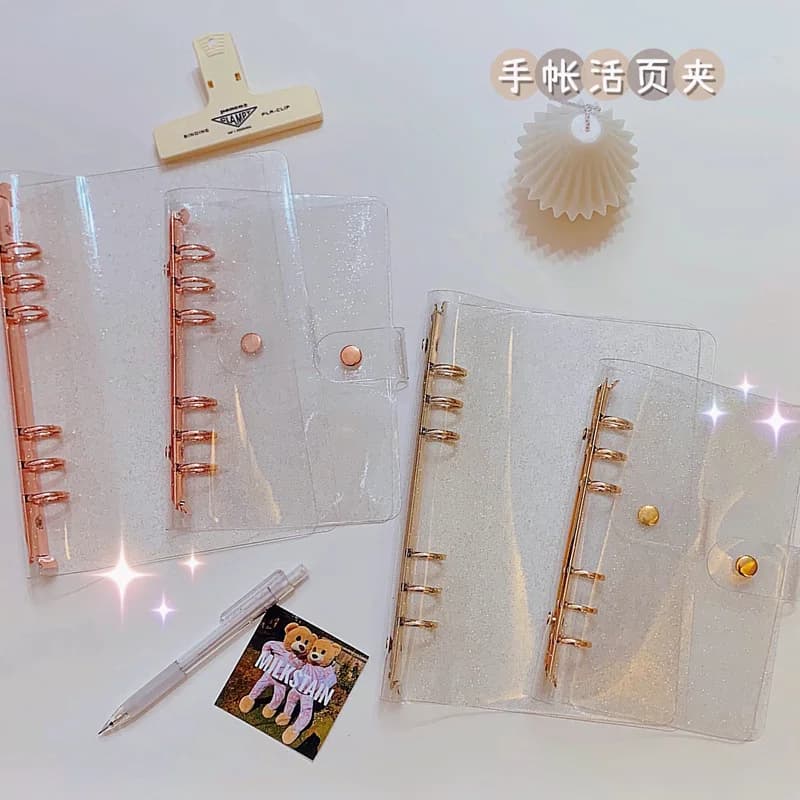 A5 A6 Nuovo PVC in oro rosa Trasparente a 6 fori Raccoglitore a fogli mobili Copertina per notebook Diario Agenda Planner Copertina in carta Cancelleria scolastica