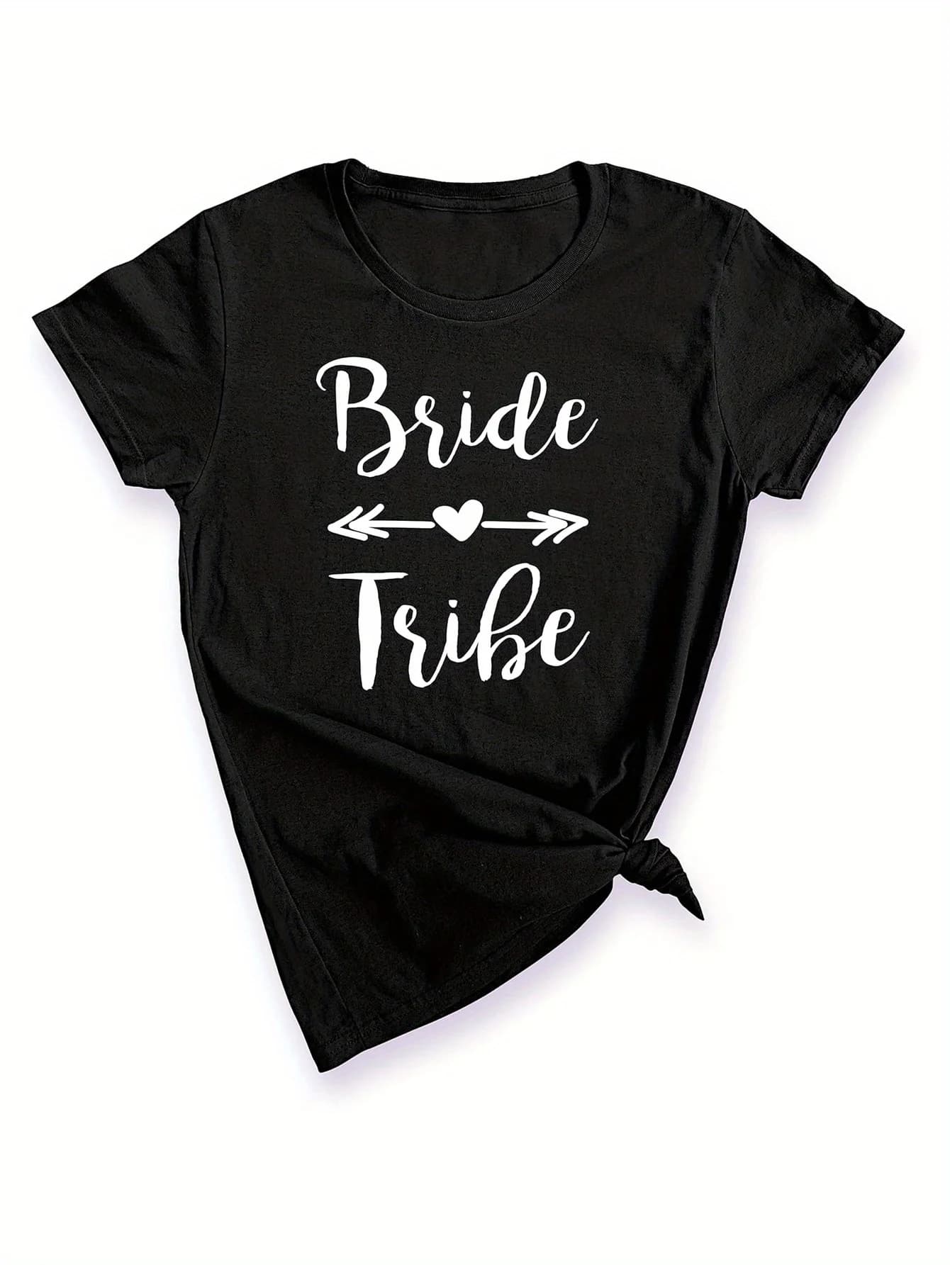 Bride Tribe" Black Cotton Tee - Casual Round Neck, Short Sleeve with Heart & Arrow Print - Ideal for Bachelorette Parties & Wedd