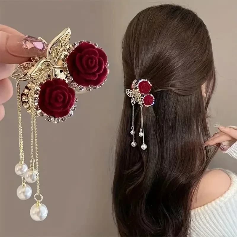 1pc vintage elegante rosso floccato rosa nappa fermaglio per capelli elegante coda di cavallo artiglio clip di granchio per ragazze donne accessori per capelli delicati