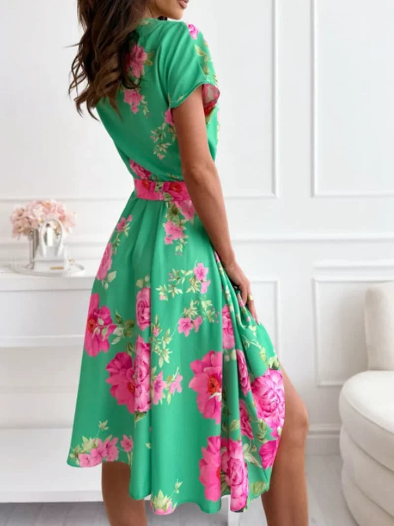 Women's Summer Dress with Short Sleeved Floral Print Elegant Leisure Dress With Belt With Buttons And Vneck