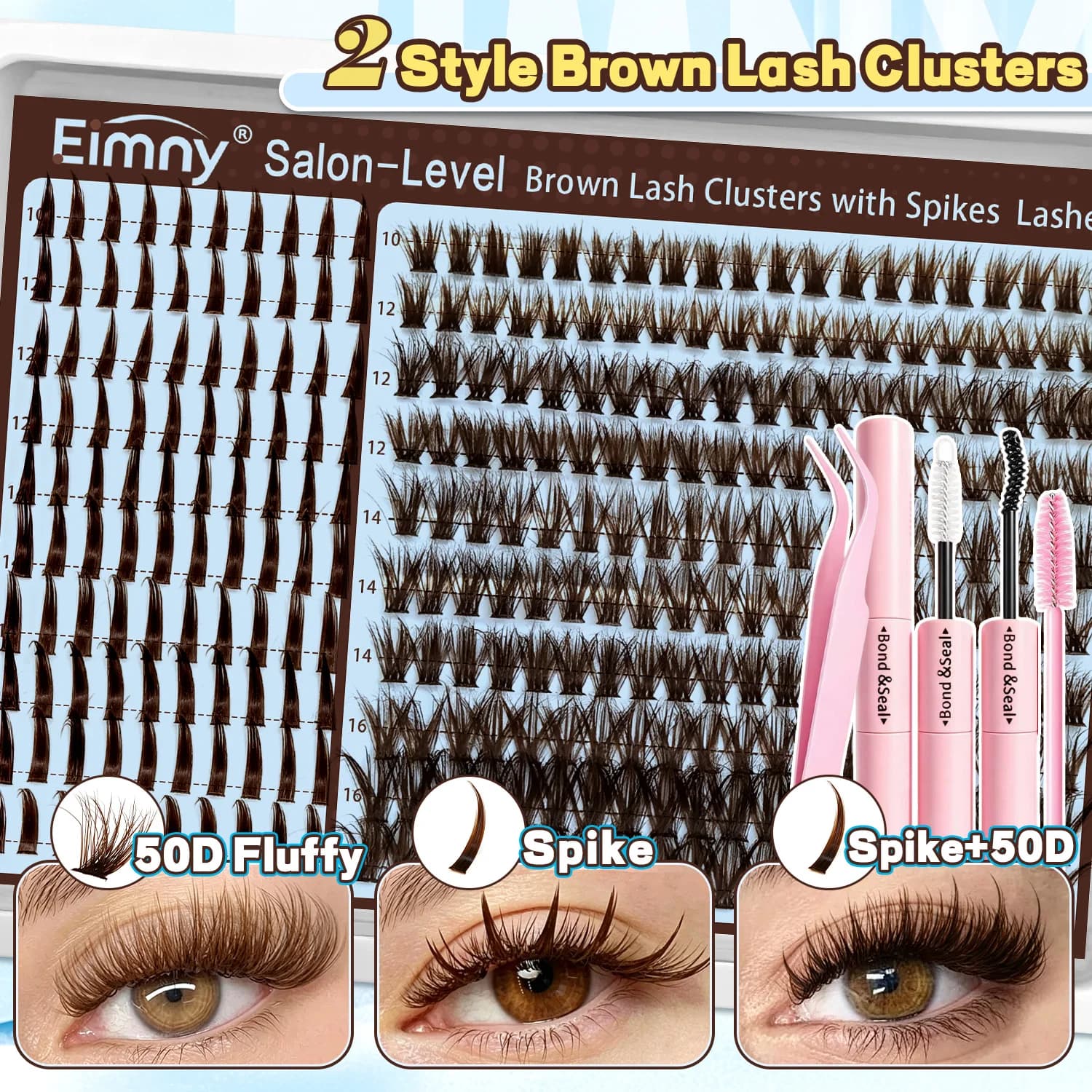 Brown Lash Clusters Kit, 50D Spiky Fluffy Individual Cluster Eyelashes, D Curl Volume DIY Lash Extensions, 10-16mm Mixed‑Length