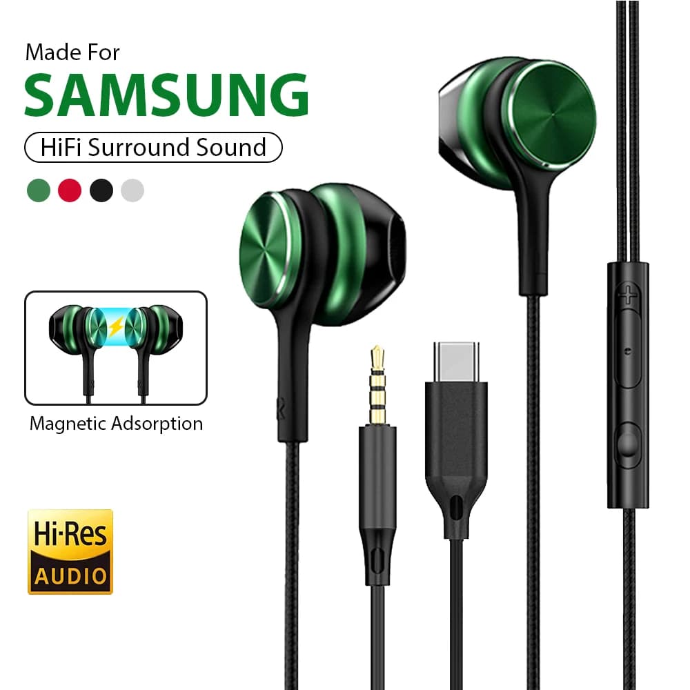 Cable Headphones Type C HiFi Stereo with Volume Control and HD Microphone 3.5mm for Samsung Galaxy iPhone 17 16