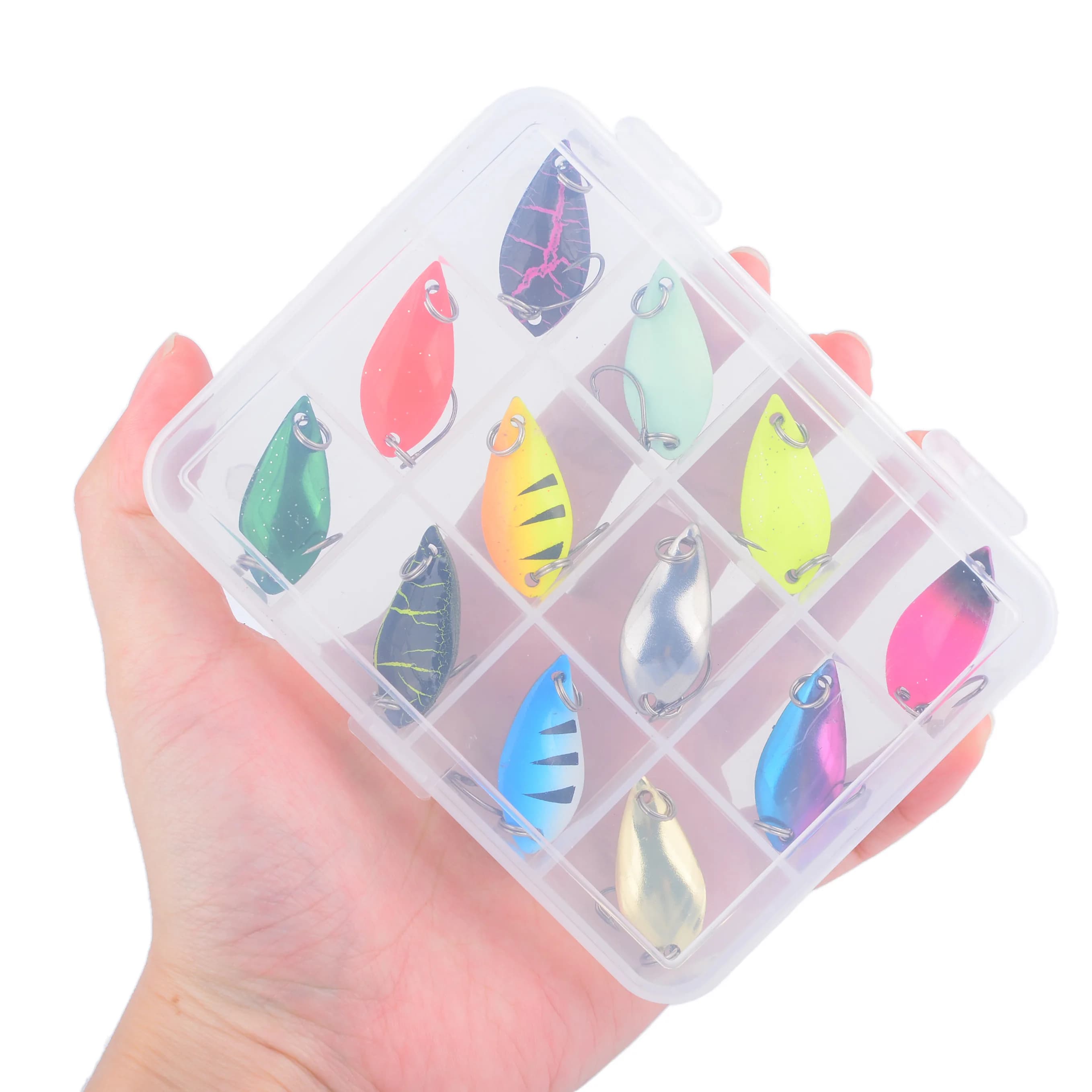 Set of 12 2.5g, 3.5g, 5g Metallic baits with Sharp Amo and Seillettes, for Freshwater and Salad Fishing