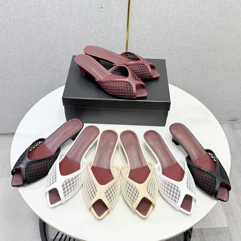 Women Fishnet Mesh Peep Toe Mules Sandals Elegant Block High Heel Slip On Slippers Summer Party Dress Shoes Zapatos Mujer