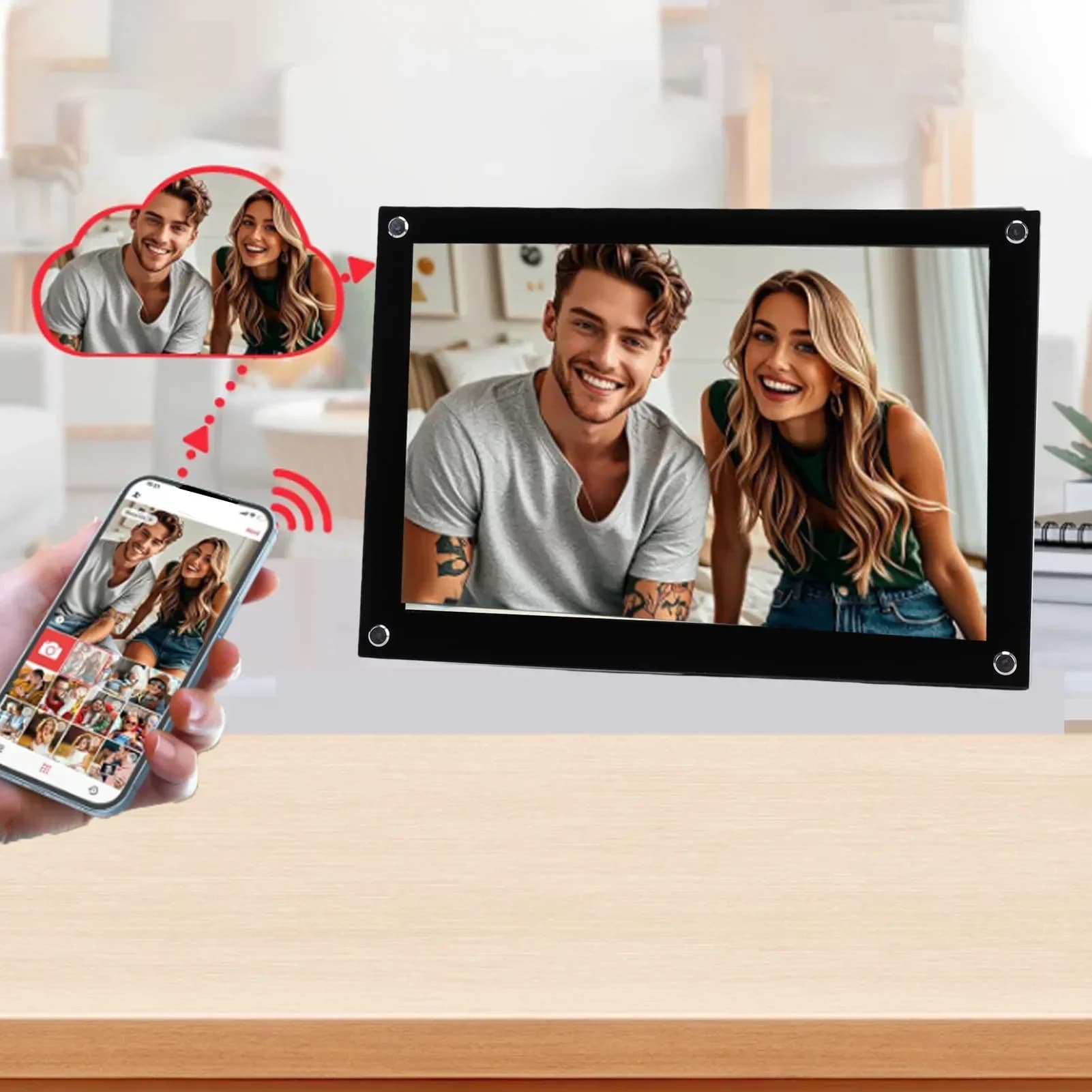 Cornice Digitale in Acrilico con WiFi, Lettore Multimediale, Memoria da 32GB, Schermo Touch HD da 10.1 Pollici per VPHOTO Cloud Photo Frame: Condividi Foto e Video