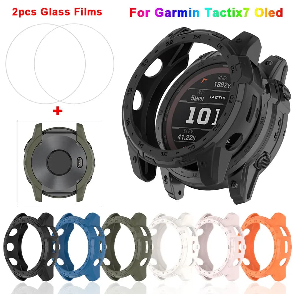 Custodia in silicone TPU + pellicole in vetro temperato per Garmin Tactix 7 Oled Custodia protettiva Shell Protezione per schermo Accessorio per smartwatch