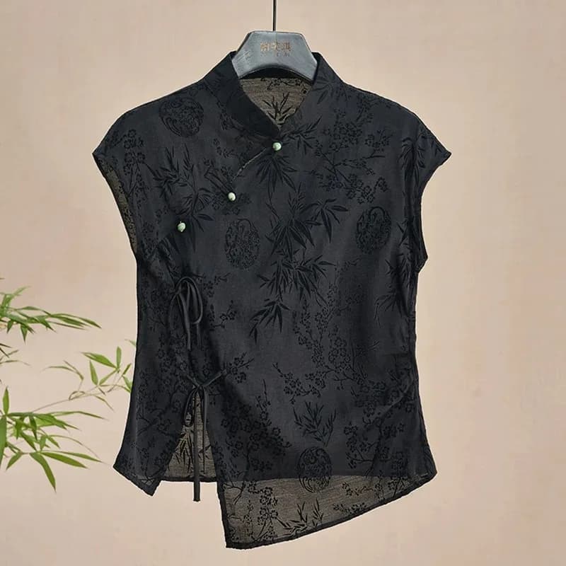 Short Sleeved T-shirt with jacquard shoulder in French satin new Chinese style cheongsam woman new summer retro