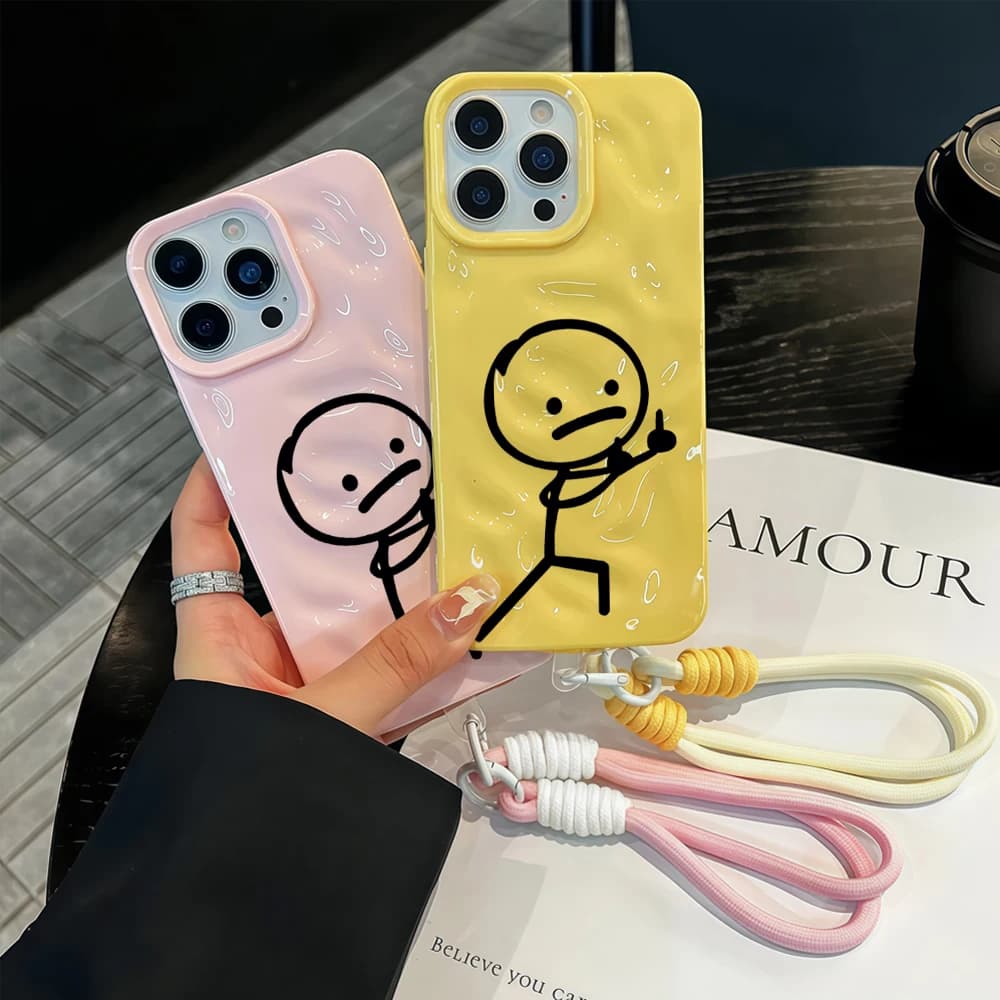 Middle Finger Stick Figure Phone Case For iPhone 15 16 17 14 13 Pro Max 16 15 14 Plus 17 Air Pro With Lanyard ShockProof Funda
