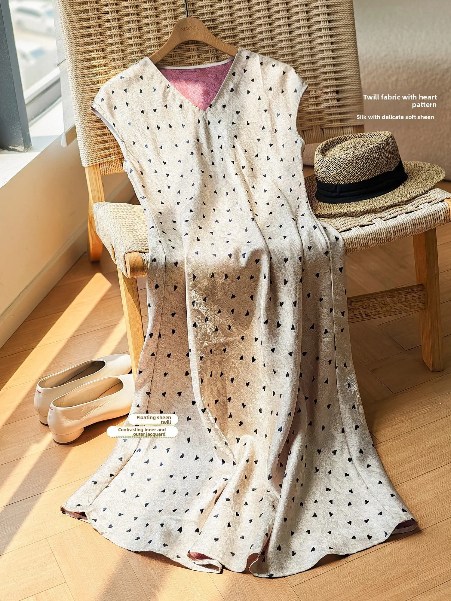 Silk V-neck Midi Dress Women's Outer Inner Embroidery Satin Large Swing Fish Tail Skirt Style Casual Summer Dress