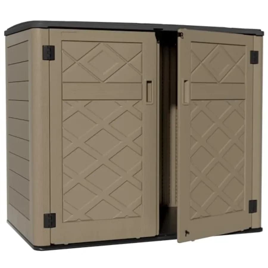 Large Outdoor Storage Shed for Patio Accessories, Trash Cans Garden Tools 48 Cu Ft Resin Horizontal Storage Box in Coffee, Dura