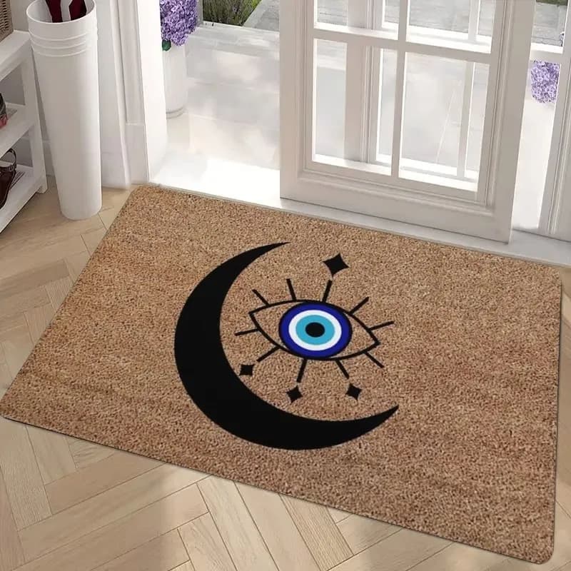Tappeto d'ingresso antiscivolo con motivo Occhio di Allah e Luna Crescente, per cucina, soggiorno, ingresso e portico