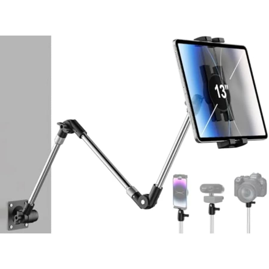 Supporto da Parete per Tablet in Alluminio - Supporto Pieghevole da 35 Pollici per Tablet con Braccio Orientabile a 360° ° Clip regolabile per webcam per iPad Pro