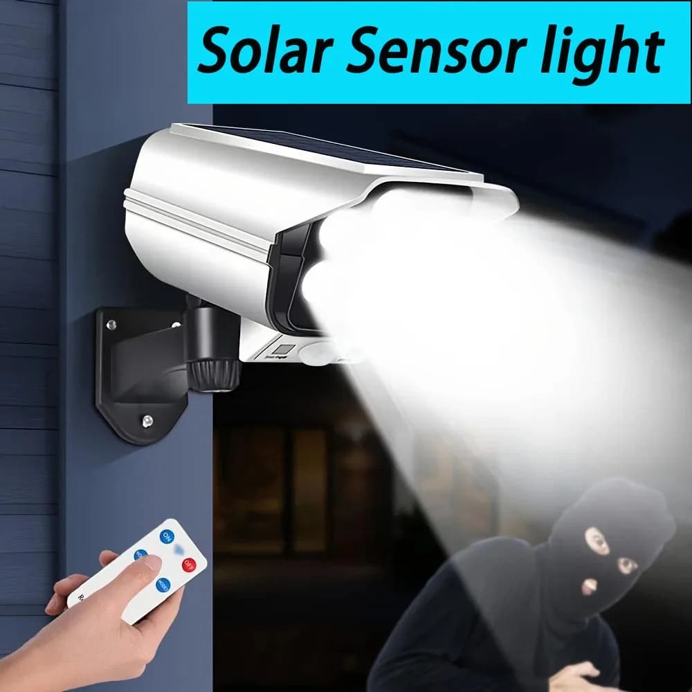 Faretto Solare da Esterno con Sensore di Movimento a 77 LED, Impermeabile, Wireless, Telecamera di Sicurezza Finta per Portico, Giardino, Patio