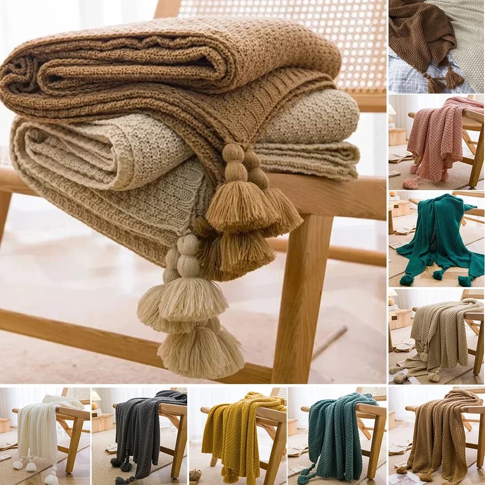 Coperta per pisolino Calda coperta lavorata a maglia con nappa Copridivano in tinta unita Coperta morbida per letto Scialle traspirante portatile Peitto