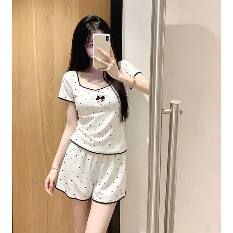 New Lazy Girl Style Women's Summer Outfit, Sweet Summer Pajamas with Chest Pads, Short-Sleeve Top and Shorts Loungewear Set