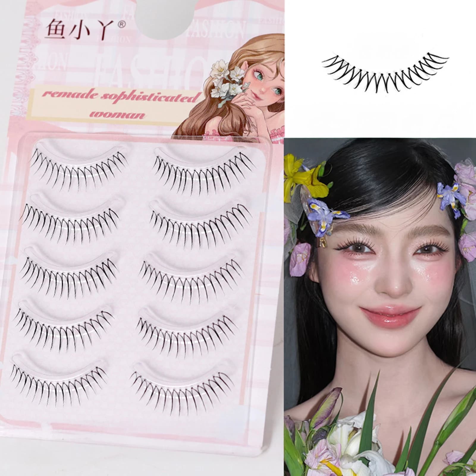 Faux U Shaped Eyelashes for Korean Girls Groups, Handmade, Full Strip, Manga Style, 5 Paia, Faux Natural Eyelashes Wispy Effect, 9-11mm Curve