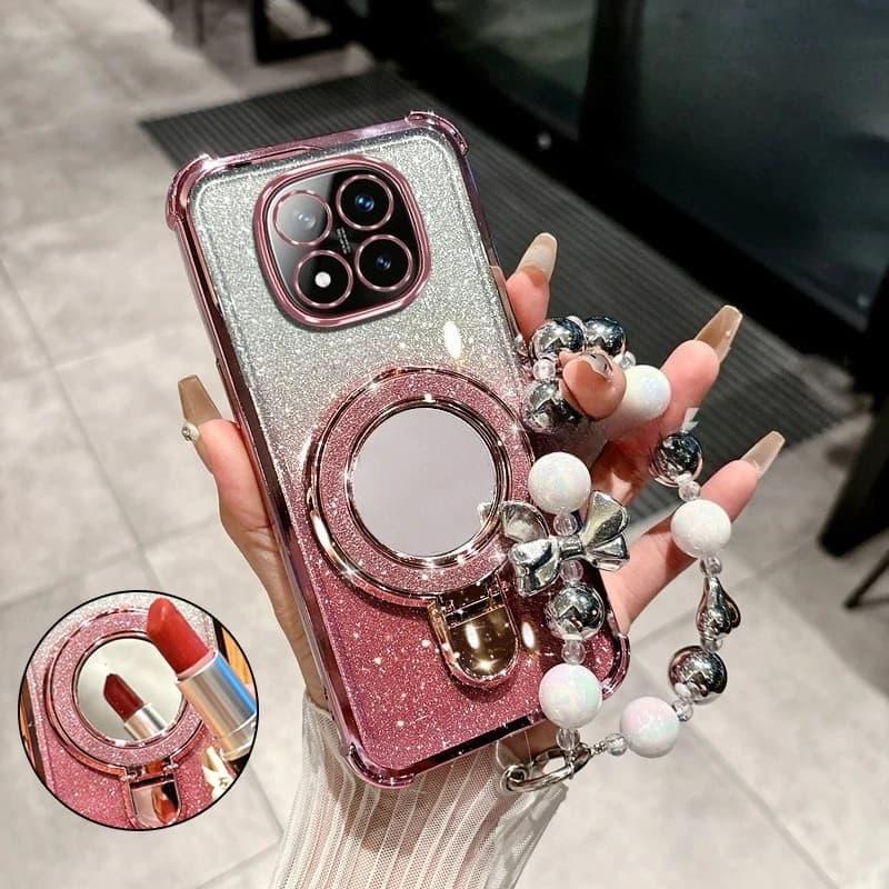 Custodia Antiurto con Specchio Glitterato e Supporto a Perline per Xiaomi Redmi Note 15 14 Pro Plus 15C 14C 4G 5G, Cover in Silicone