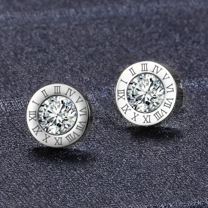 Classic Trend Geometric Circle Crystal Roman Numeral Stud Earrings for Women Temperament Gold Color Stainless Steel Jewelry Gift