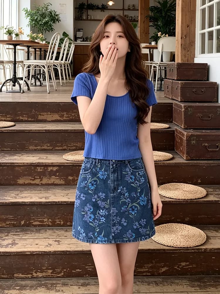 Slimming Floral Print Knitted Top And Denim Skirt Set for Women Summer 2026 Casual Style round Neck Short Sleeve T-Shirt