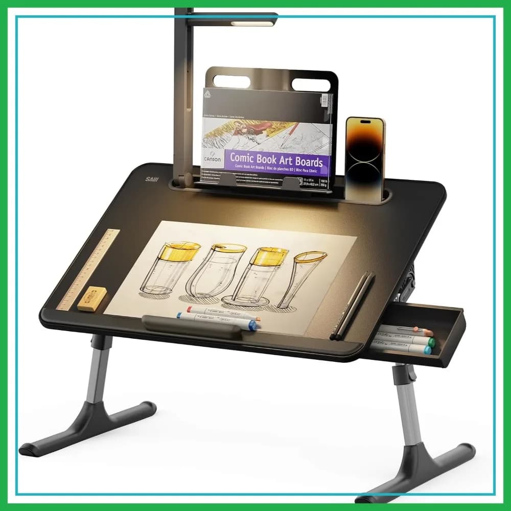 Tavolino per Laptop Regolabile in Altezza con Luce LED, Scrivania da Letto per Leggere, Scrivere e Disegnare, Nero