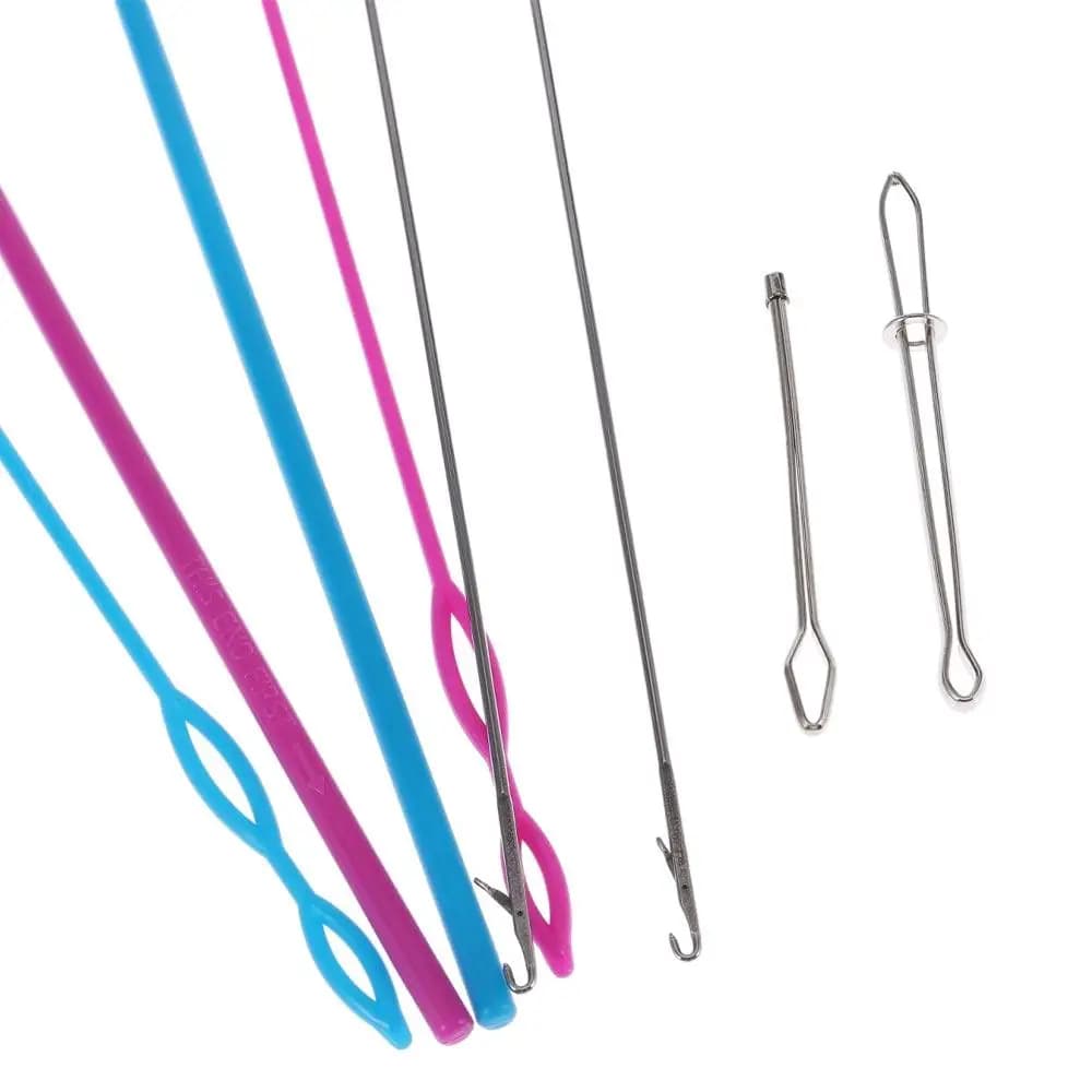 Kit per anelli per cucire in metallo Pinzette in metallo con nastro rosso Strumento per tornitura ad anello in plastica blu Infila flessibile con coulisse