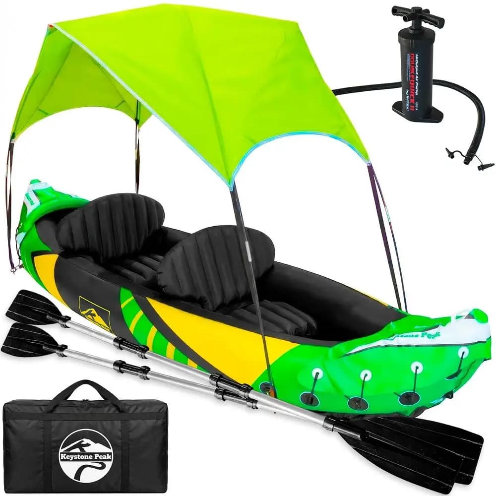 Kayak 2 Person with Detachable Sun Canopy HeavyDuty Tandem Kayak for Adults Reinforced Paddles, Waterproof Phone Bags, Adjustab