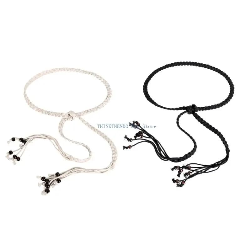 340D Elegant Braided Cotton Rope Belt Ethnic Bead Tied Flexible Length Waist Cord Rope For Casual Office Outdoor Use