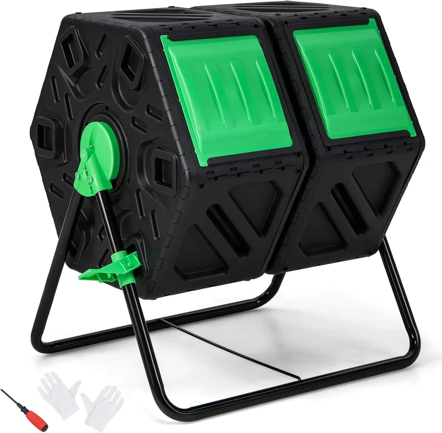 Composter a Doppia Camera da 34,5 Galloni, Composter Rotante con 2 Camere Girevoli, Porte Scorrevoli, Composter da Giardino per Esterni