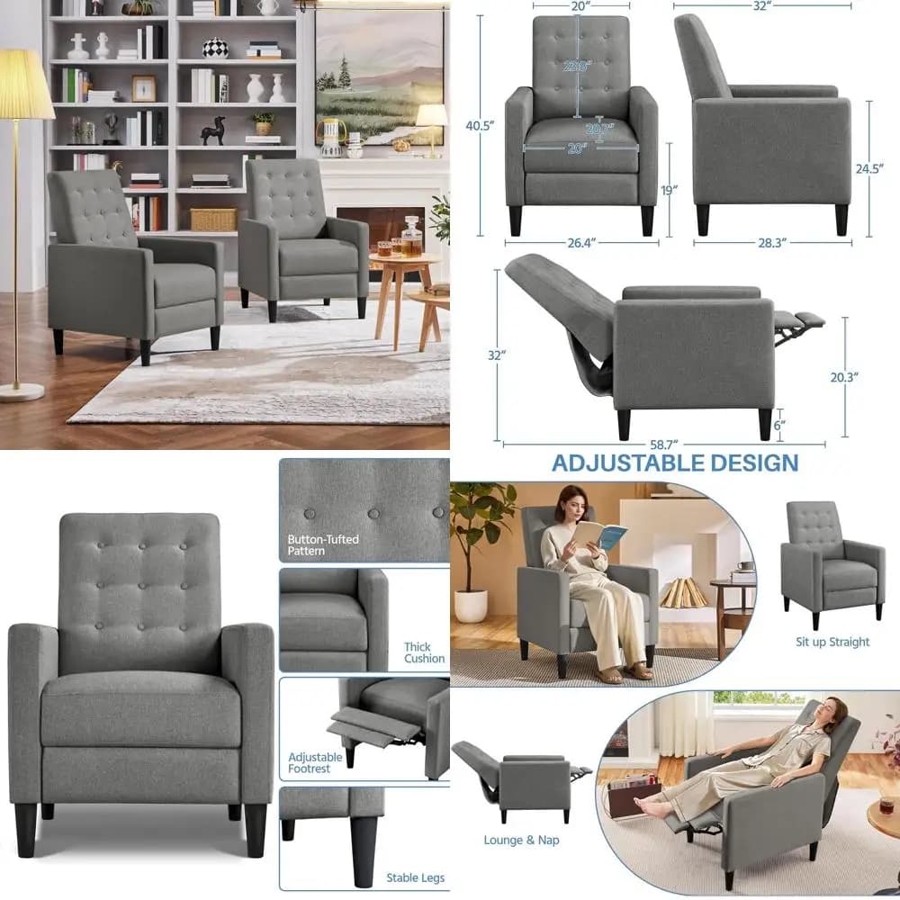 Adjustable Recliner Chair with Thicker Cushion for Living Room or Bedroom in Gray, Set of 2
