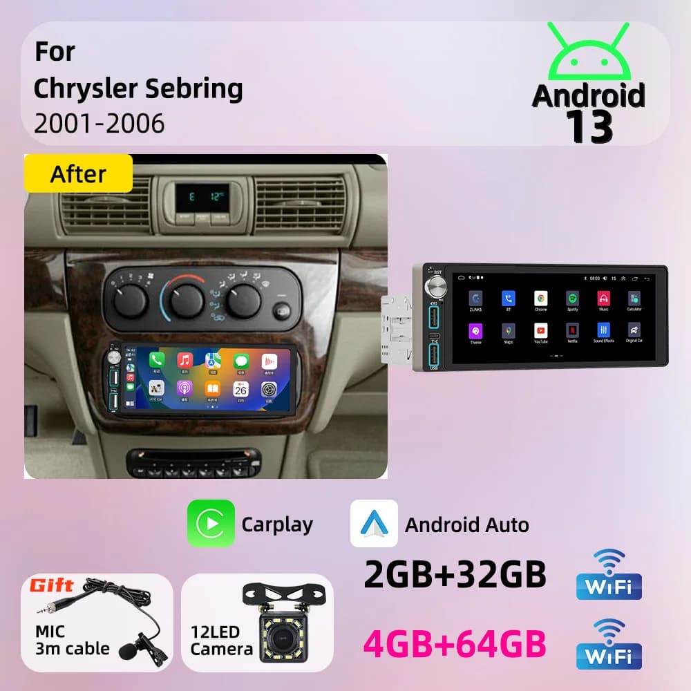Android Car Multimedia for Chrysler Sebring 2001-2006 Wireless Carplay Car Stereo 6.86" 1 Din Head Unit Radio Autoradio GPS