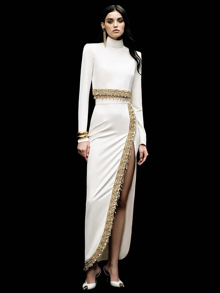 HIGH STREET Newest Fashion 2026 Designer Runway Suit Set Women's Diamonds Beaded Cropped Tops Long Skirt Set 2pcs