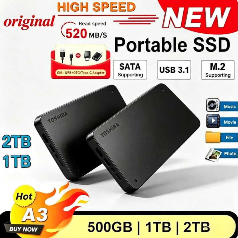 Hard Disk Esterno Portatile Toshiba Canvio Basics A3 HDTB410YK3AA USB 3.0 da 500GB, 1TB, 2TB Nero