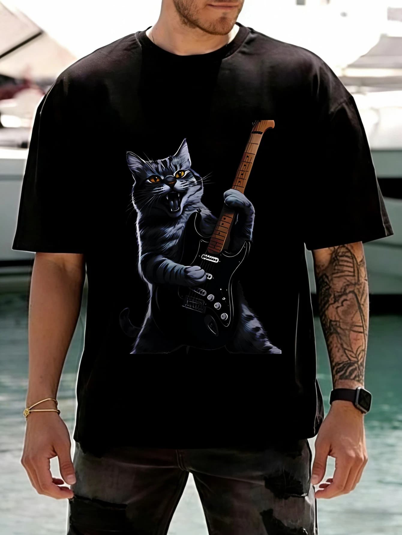 T-Shirt Oversize Men's Cotton Streetwear with Funny Cat Graphics Playing Guitar, Short Sleeve, Casual Summer, Men's Gift