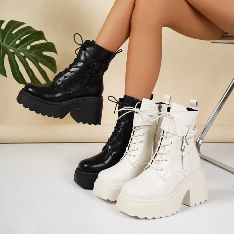 Stivaletti con tacco largo con zip laterale Scarpe con tacco alto antiscivolo con punta tonda e plateau sul davanti per donna