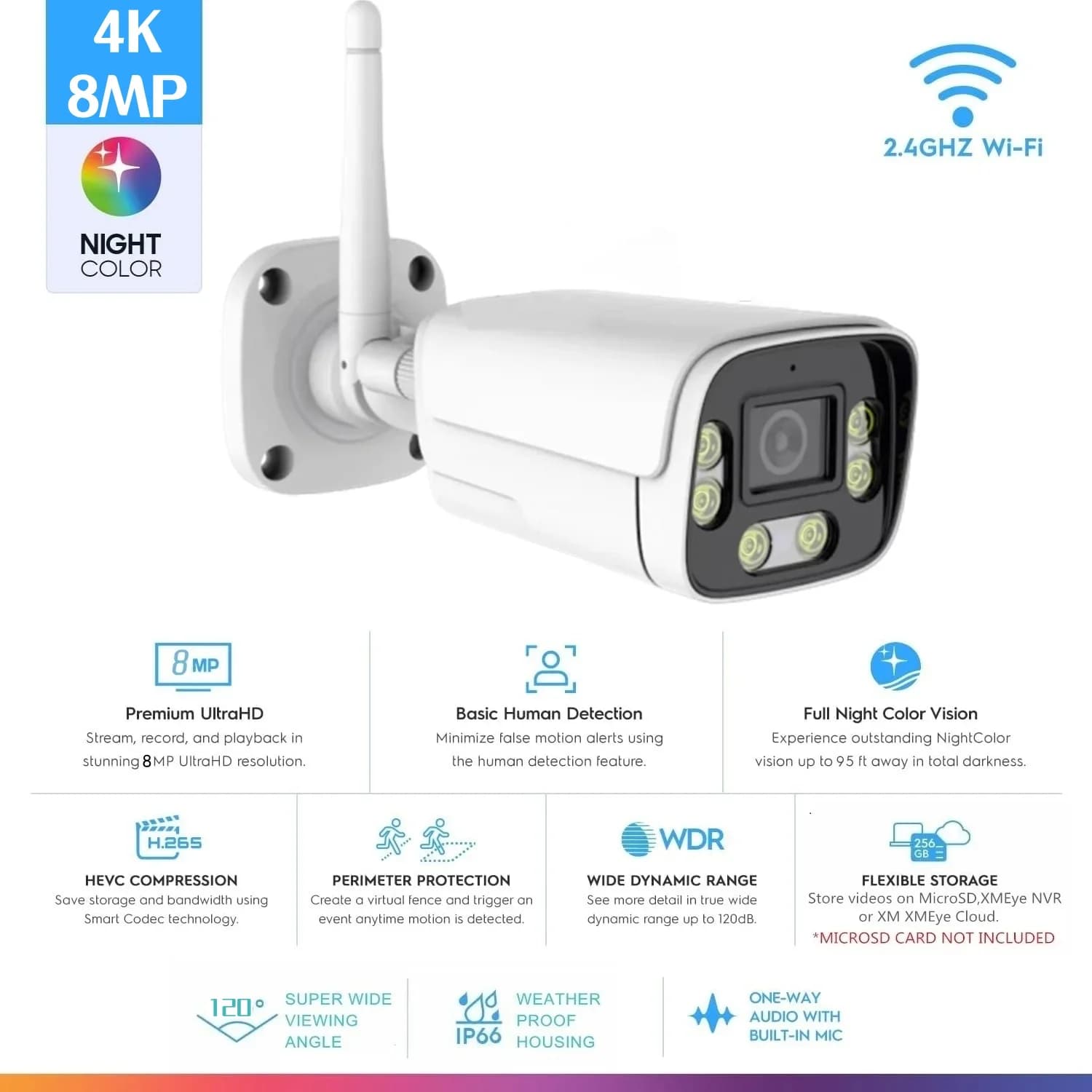 ICsee 4K 8MP Wireless Outdoor Security Wifi AI Camera 98ft NightColor Rilevazione umana Telecamera IP impermeabile H.265 2.8mm