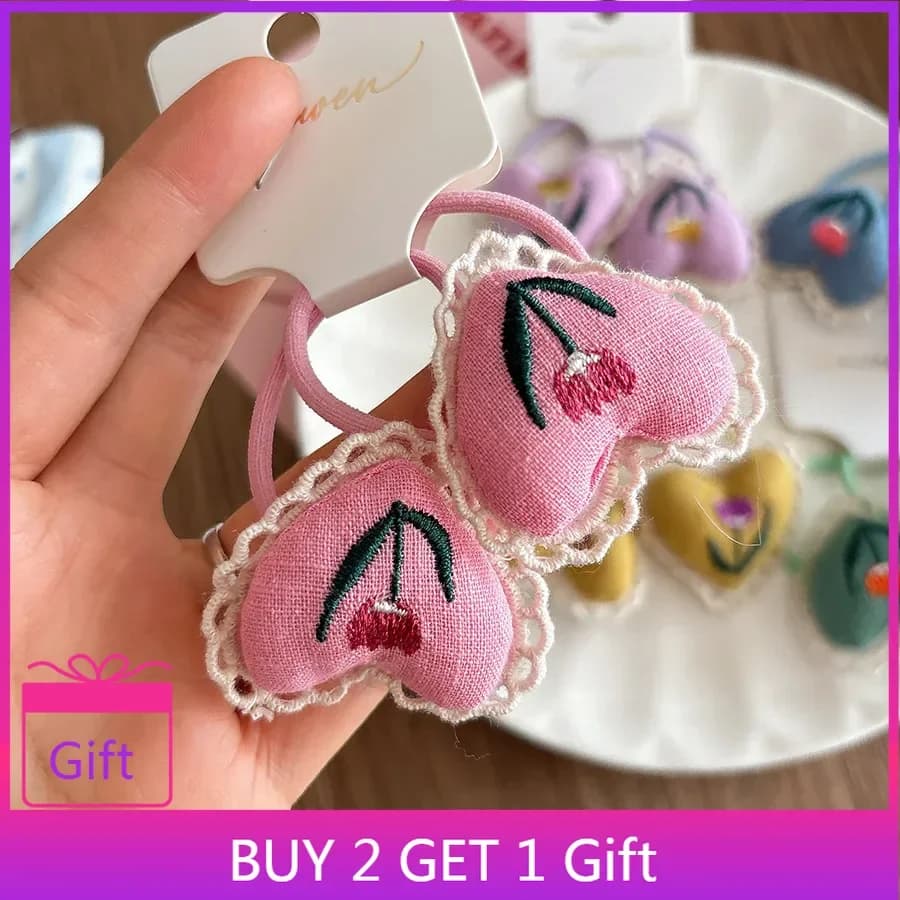 Accessorio per capelli in stile coreano con cravatta per capelli in tessuto soffice scrunchie con cuore ricamato e dolce ragazza