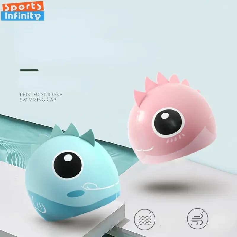 Cute cartoon fish Dino swimming head in Silicone for kids protect your ears bathroom hat for boys girls children pool accessories