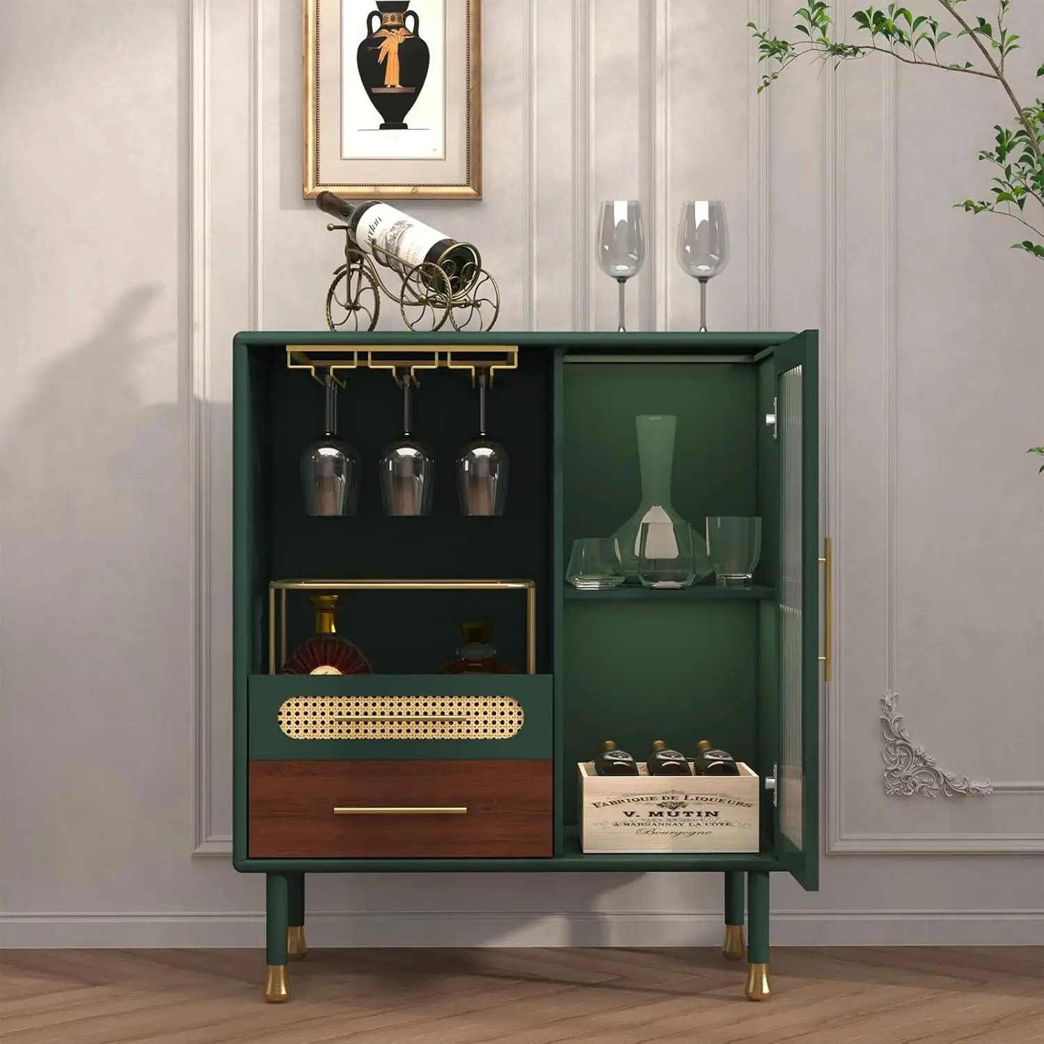 Mobile Bar Moderno con Portabicchieri, Cassetto Estraibile, Armadietto per Cucina, Sala da Pranzo, Soggiorno, Personalizzabile