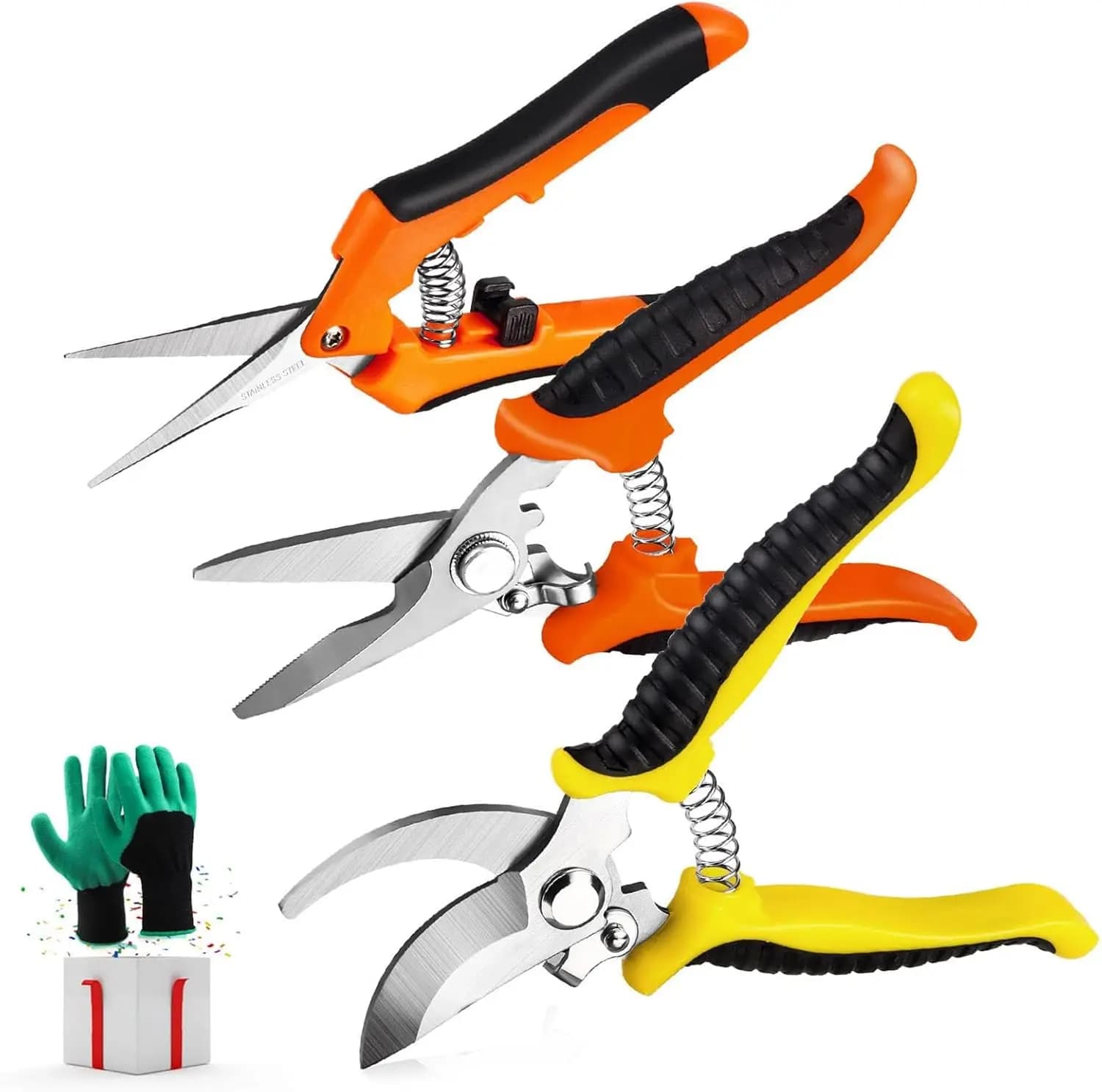 Set of 3 Gardening Scissors with Stainless Steel Blades and Gardening Gloves - Set of Power Resistant Manuals for Easy Powering