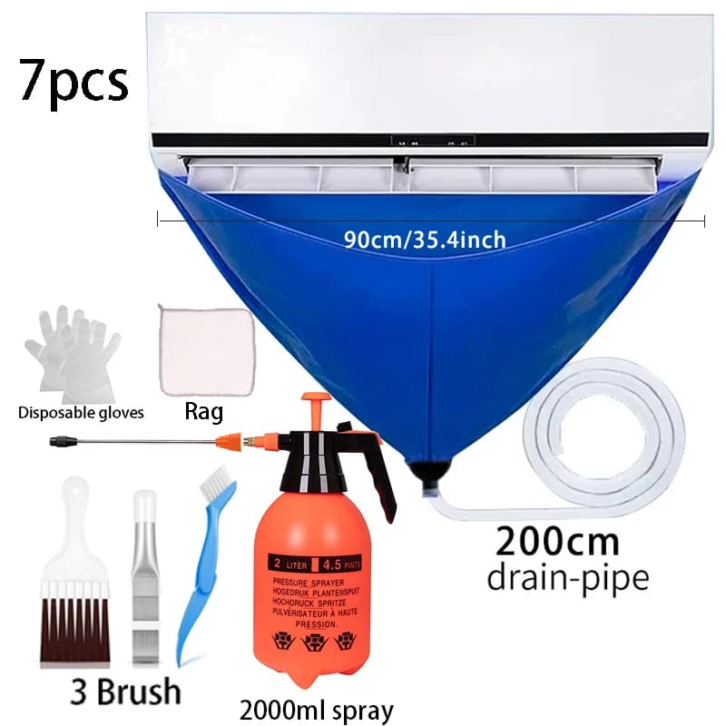 Kit di copertura per la pulizia dell'aria condizionata da 90 cm Borsa per l'acqua Set completo di strumenti per la pulizia con condizionatore per tubi Spazzola per la pulizia estiva impermeabile