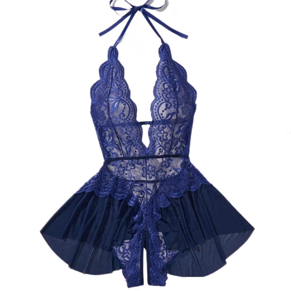 Nuova lingerie erotica senza cavallo Data Orsacchiotti Body con lacci Halter Deep V Babydoll Dress Sexy Backless Scava fuori il costume porno