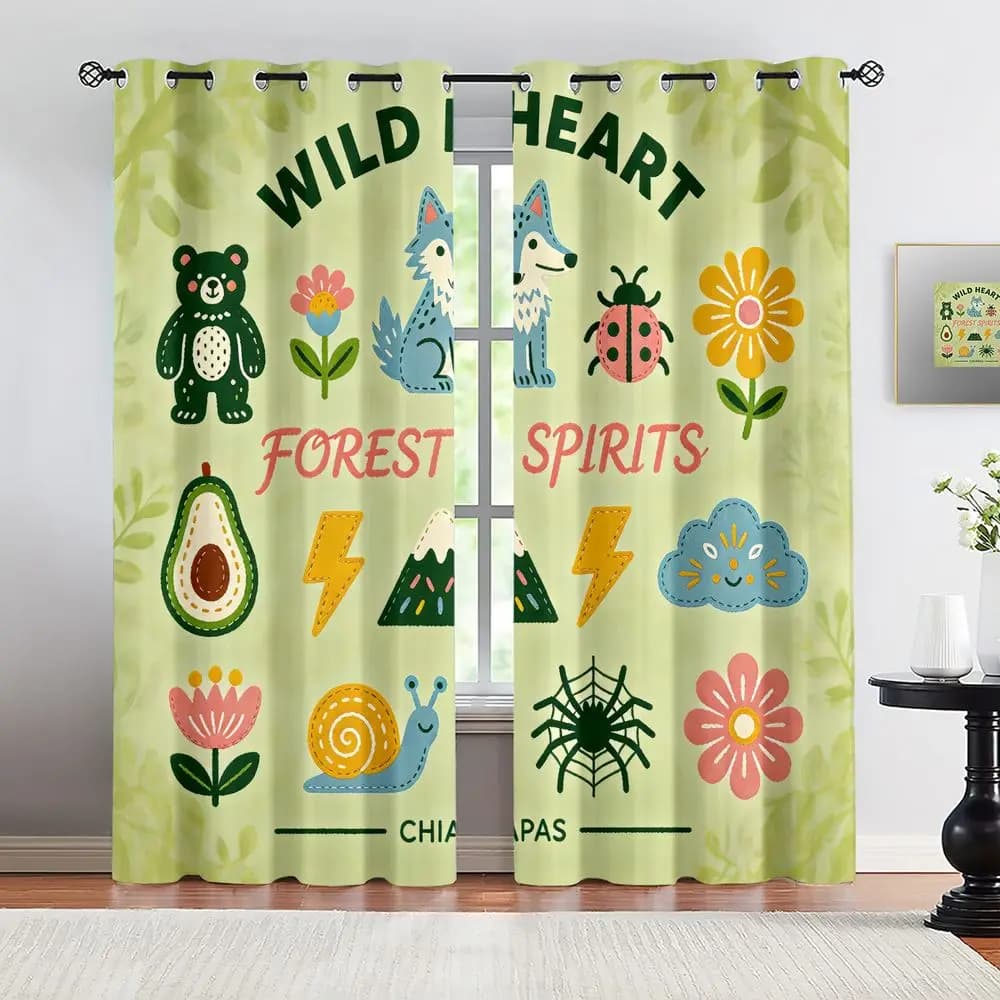 Wild Heart Forest Spirits Wolf Bear Ladybug Sunflower Print Curtains, 2-Pcs Blackout Drape for Living Room, Machine Washable